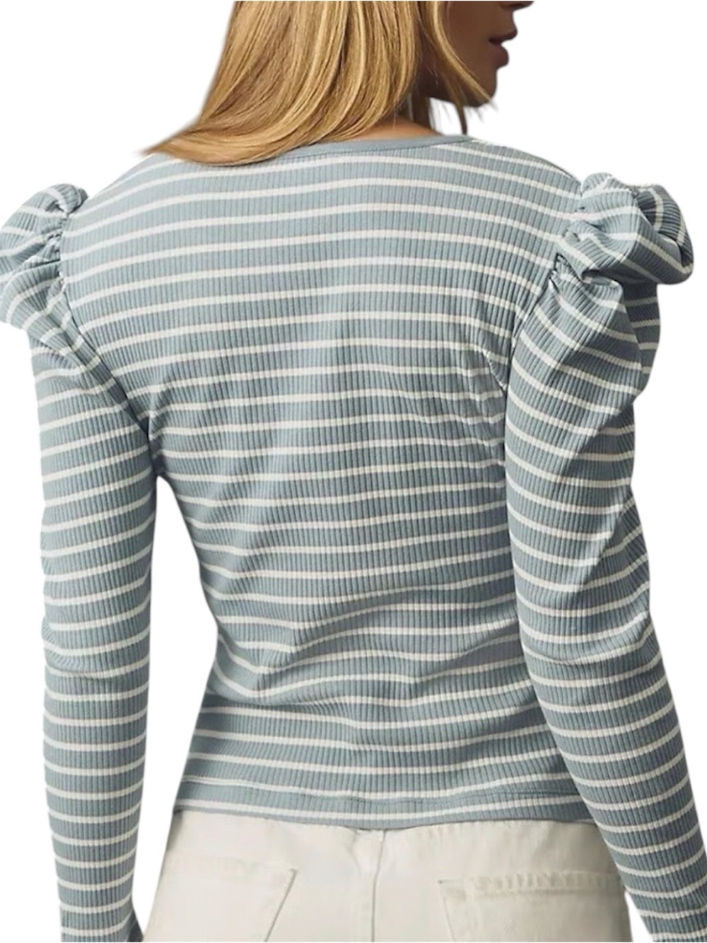 Anthropologie Porridge Striped Puff-Sleeve Tie-Neck Top in Light Blue - Picture 2 of 7